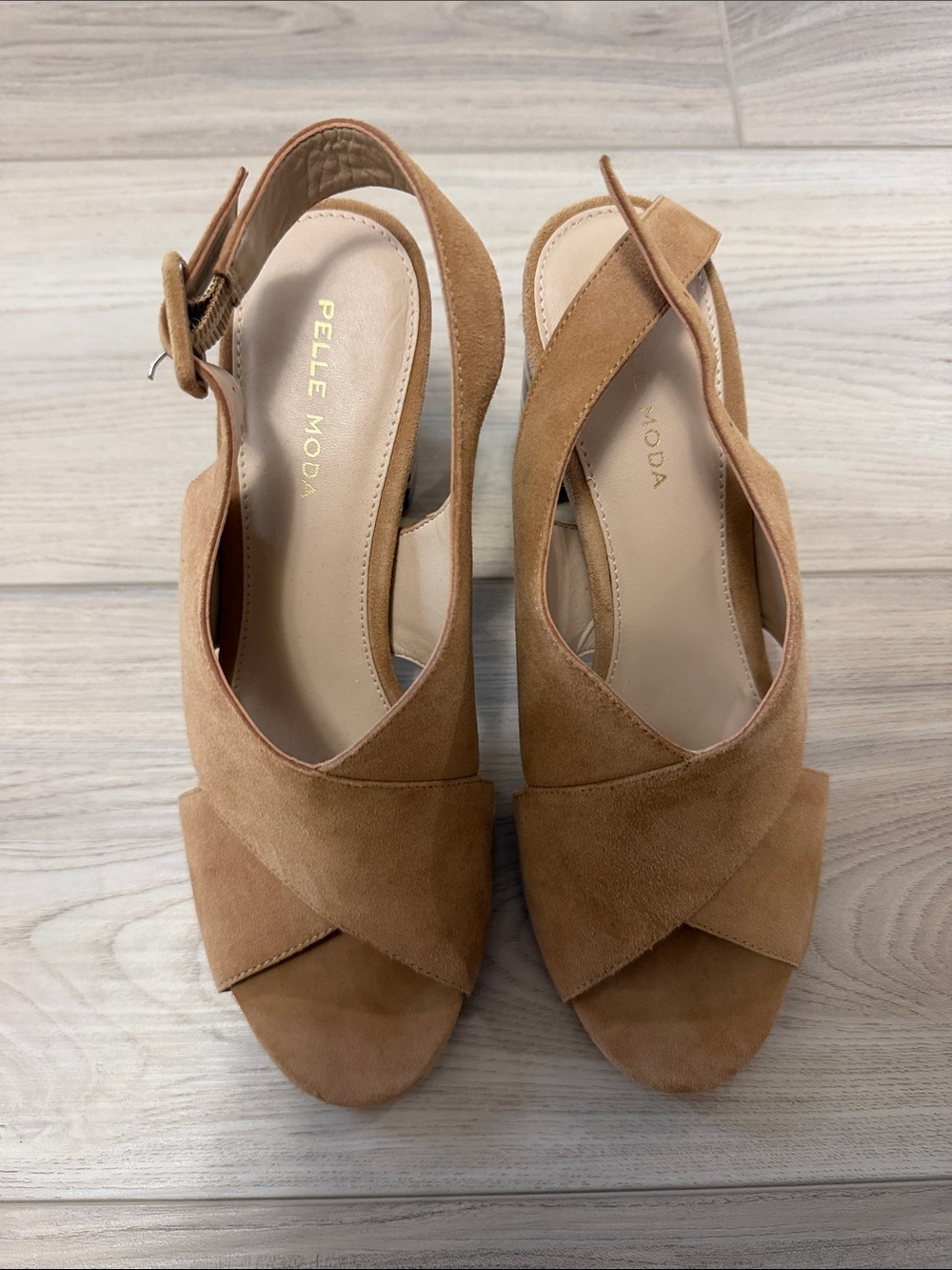 Pelle Moda Tan Suede Crisscross Wedge Sandals